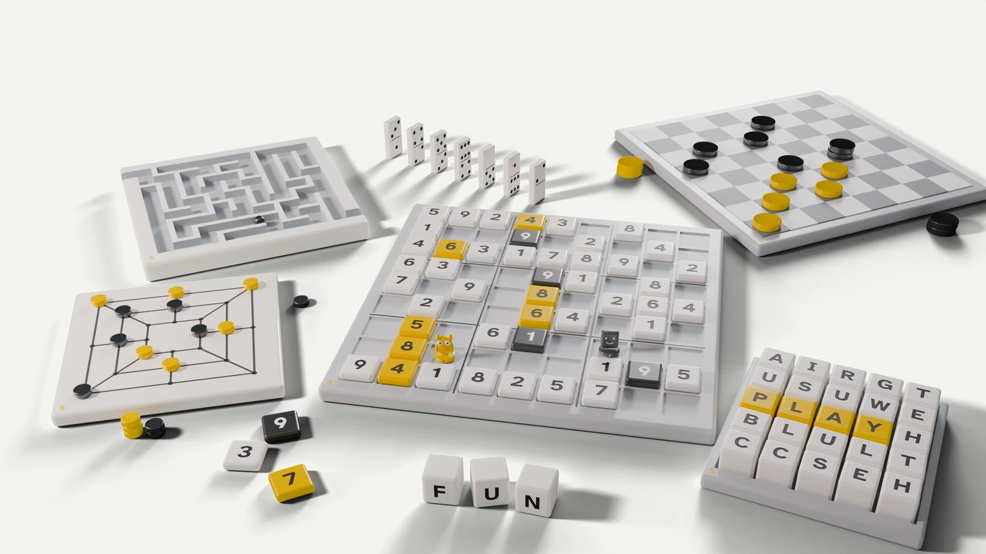 A table set for play: a sudoku board with two companions, the Owl and the Tile, a maze, draughts, Morabaraba, dominoes and a word game.